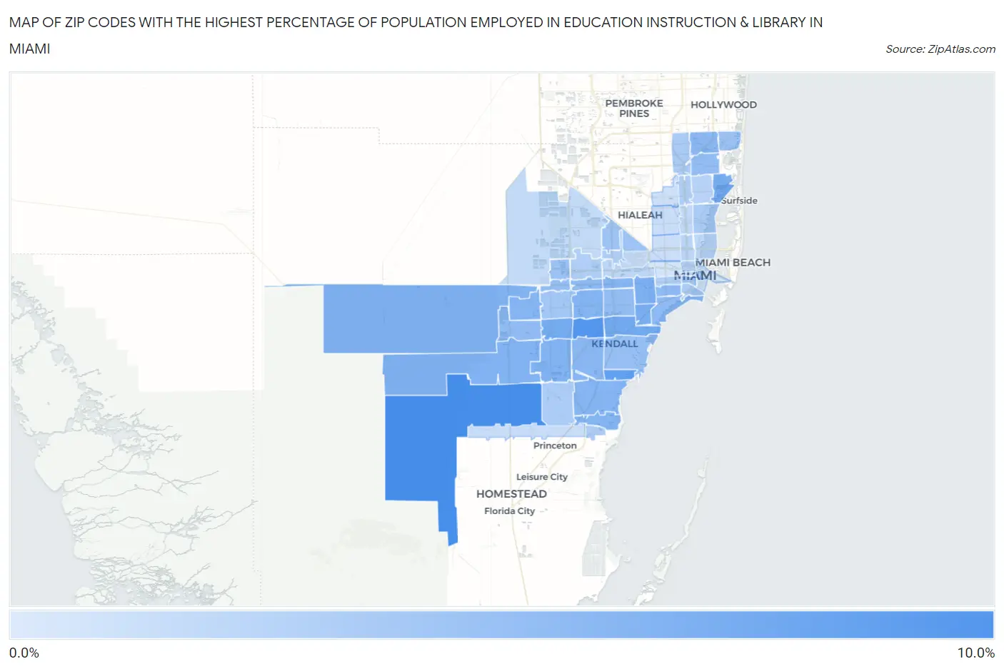 Zip Codes with the Highest Percentage of Population Employed in Education Instruction & Library in Miami Map