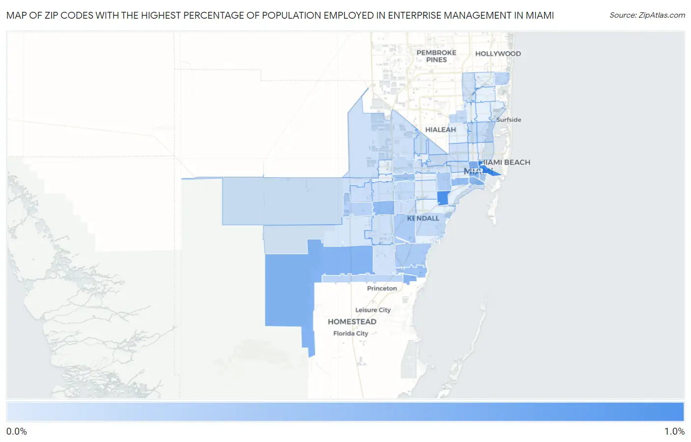 Zip Codes with the Highest Percentage of Population Employed in Enterprise Management in Miami Map