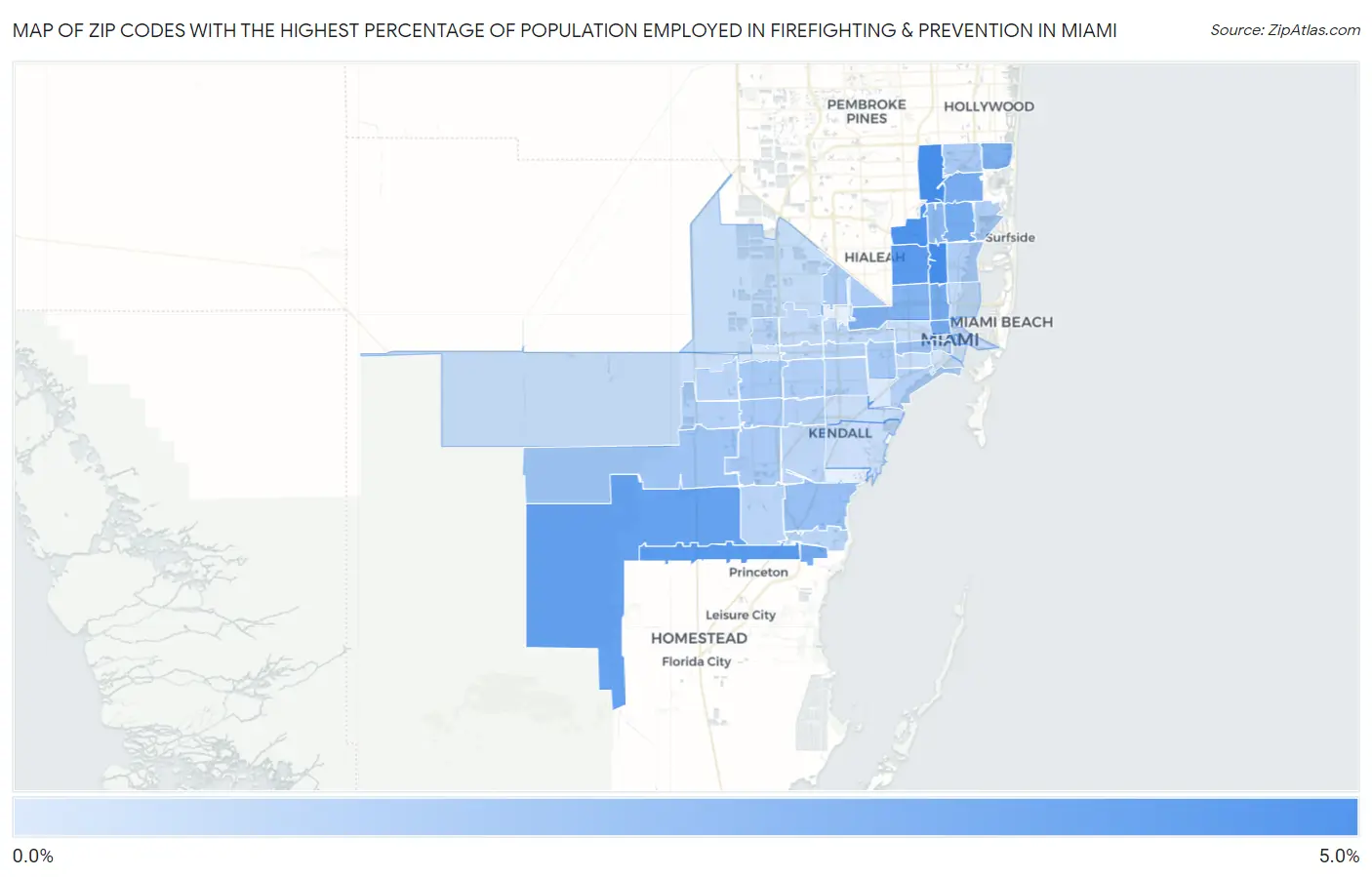Zip Codes with the Highest Percentage of Population Employed in Firefighting & Prevention in Miami Map