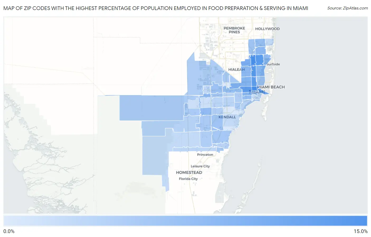 Zip Codes with the Highest Percentage of Population Employed in Food Preparation & Serving in Miami Map