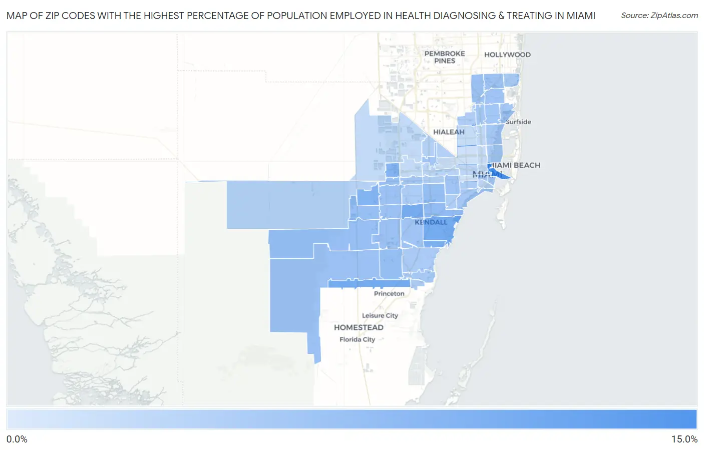 Zip Codes with the Highest Percentage of Population Employed in Health Diagnosing & Treating in Miami Map