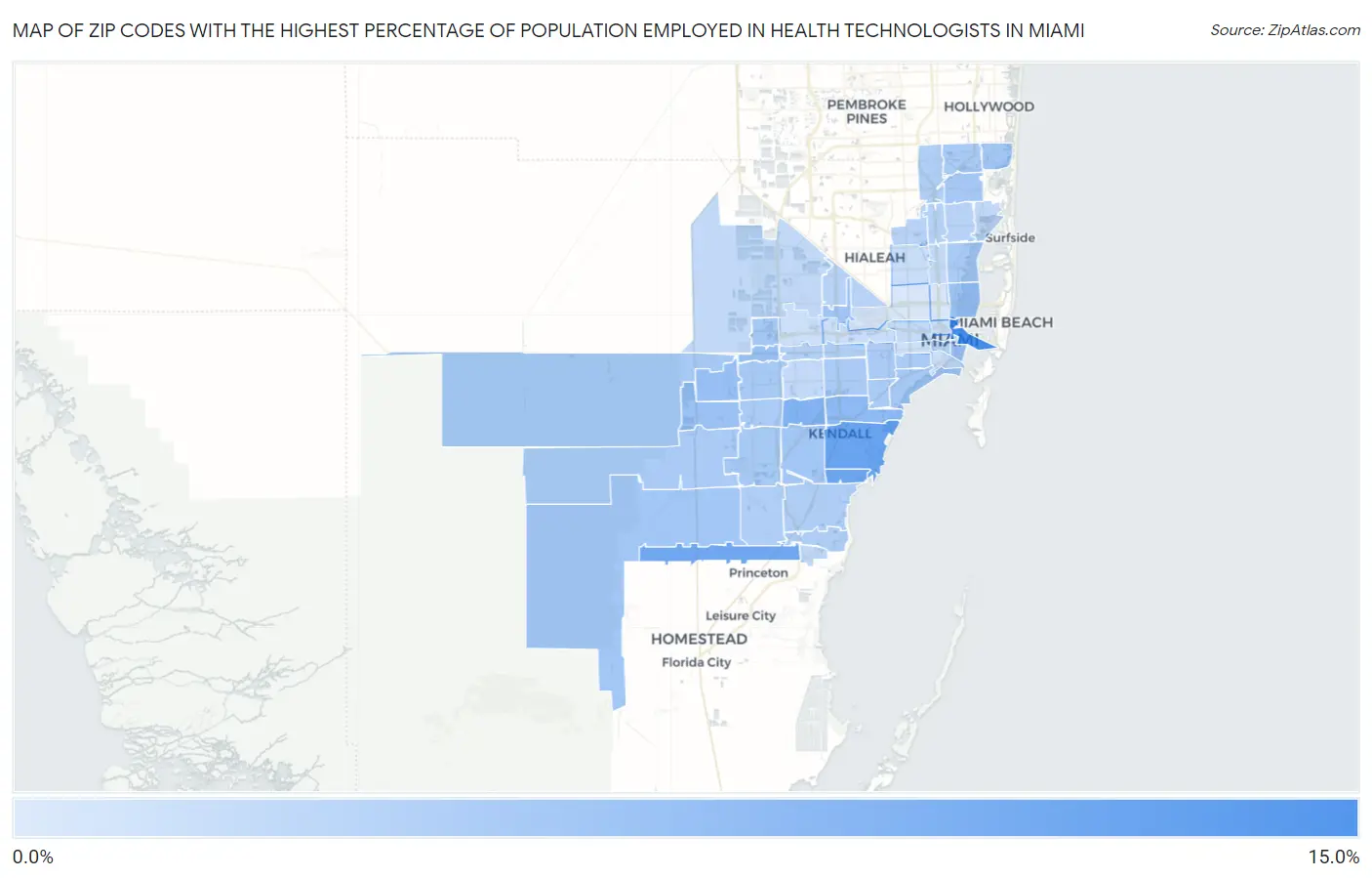 Zip Codes with the Highest Percentage of Population Employed in Health Technologists in Miami Map