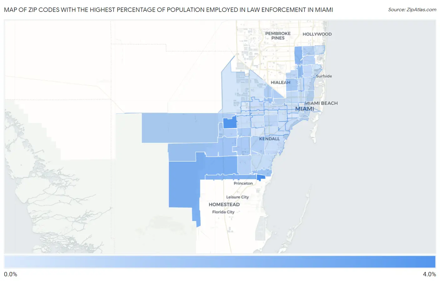 Zip Codes with the Highest Percentage of Population Employed in Law Enforcement in Miami Map
