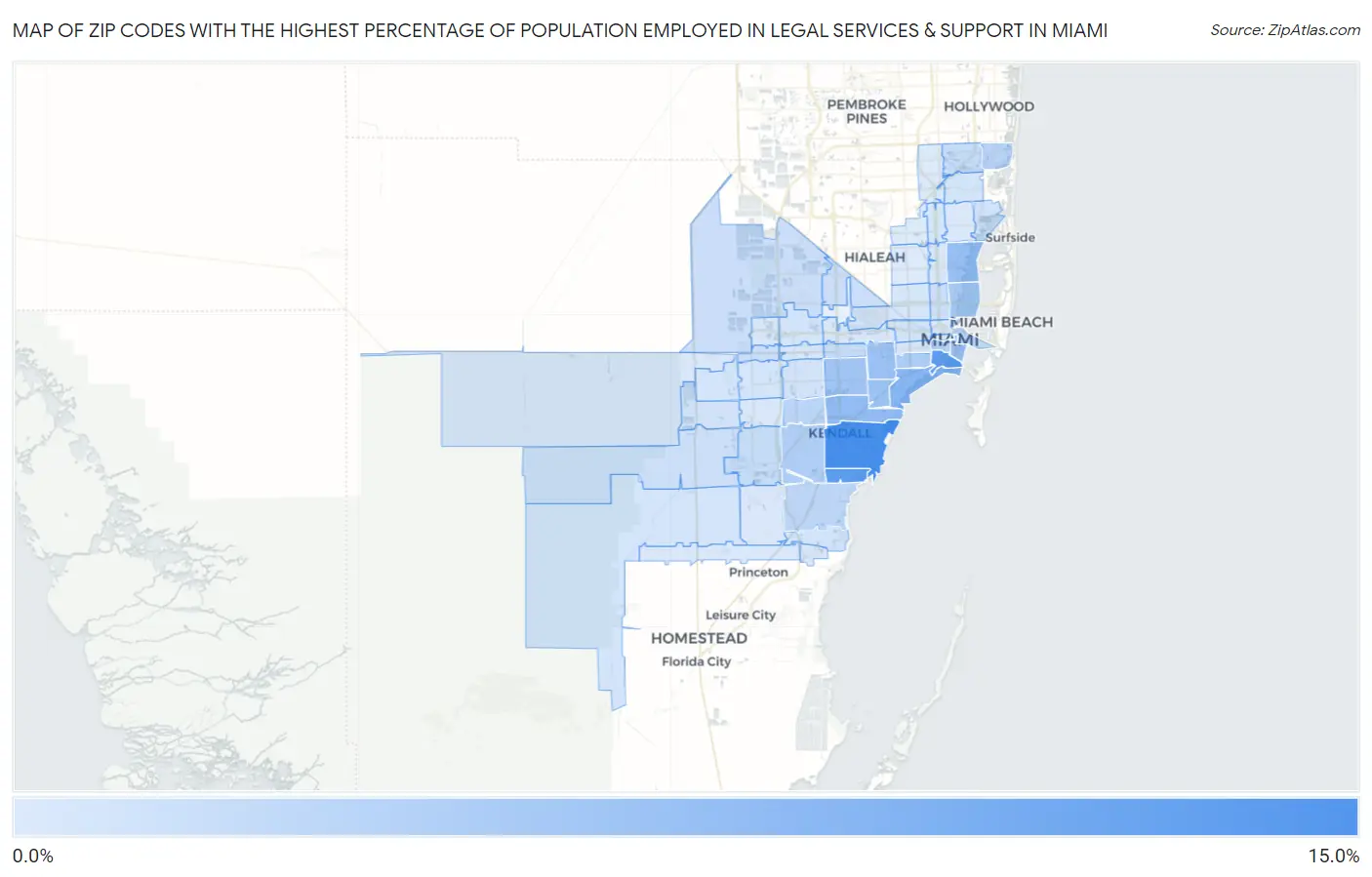 Zip Codes with the Highest Percentage of Population Employed in Legal Services & Support in Miami Map