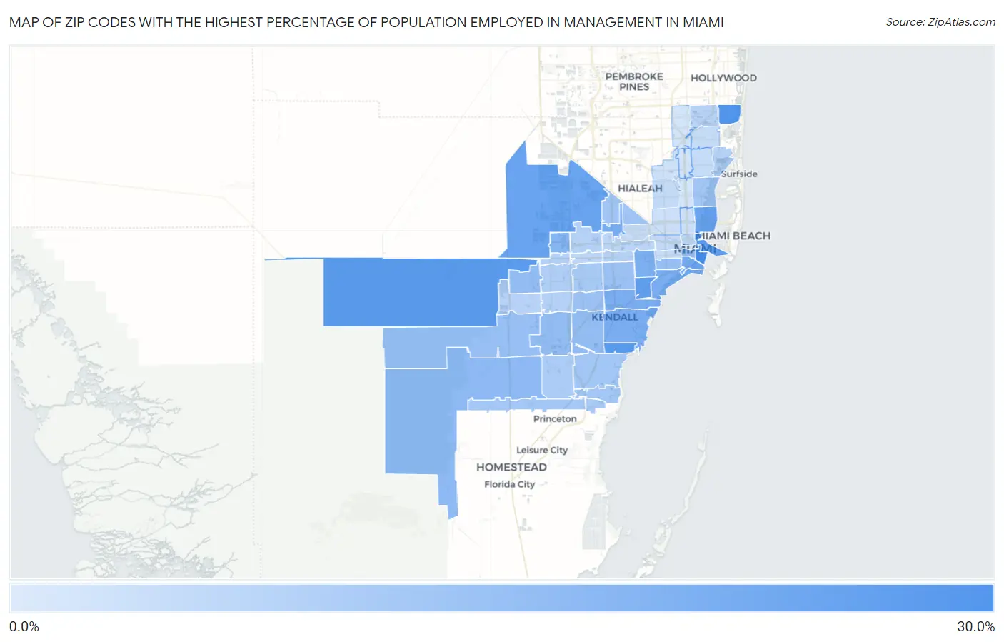 Zip Codes with the Highest Percentage of Population Employed in Management in Miami Map