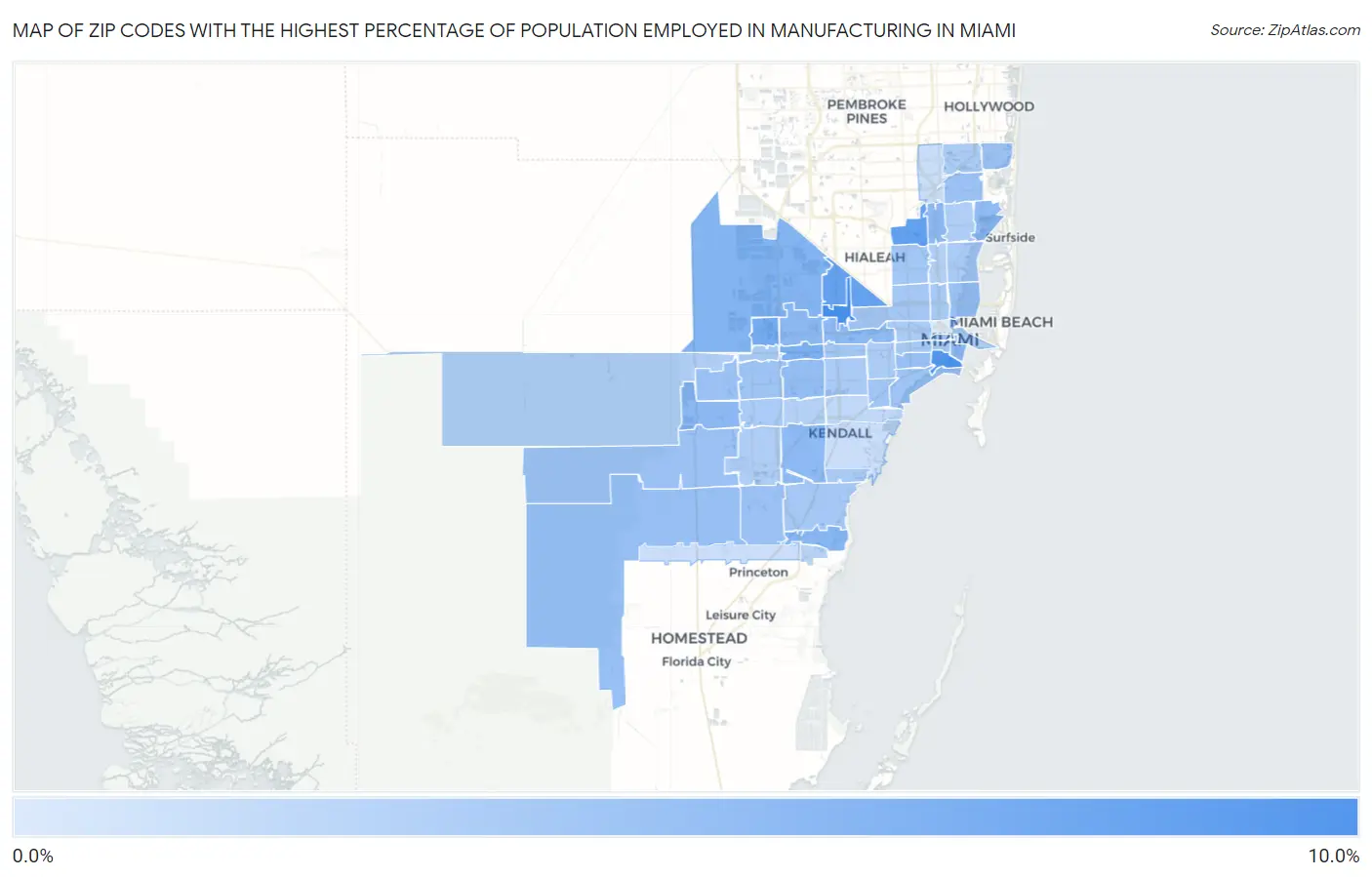 Zip Codes with the Highest Percentage of Population Employed in Manufacturing in Miami Map