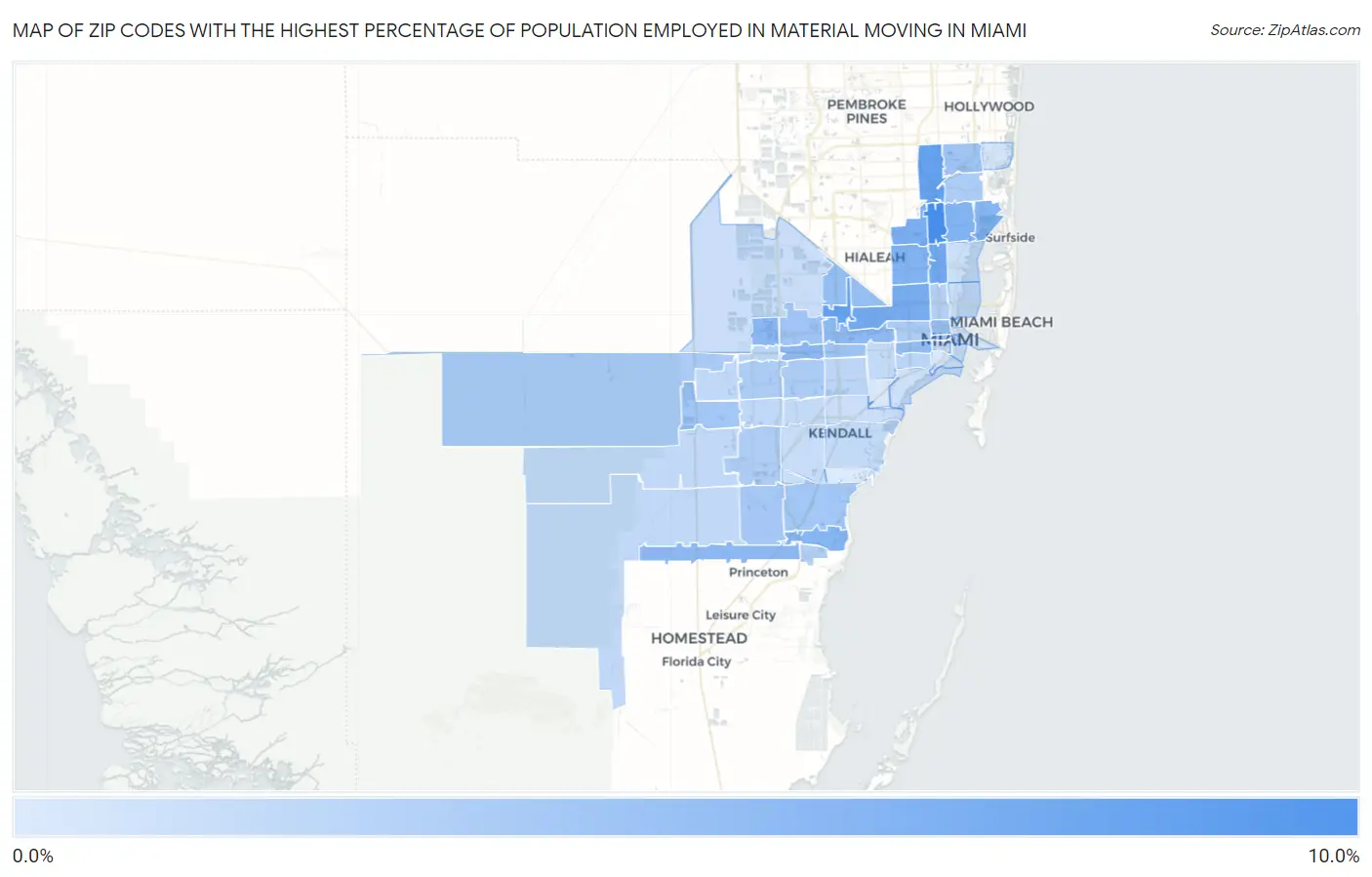 Zip Codes with the Highest Percentage of Population Employed in Material Moving in Miami Map