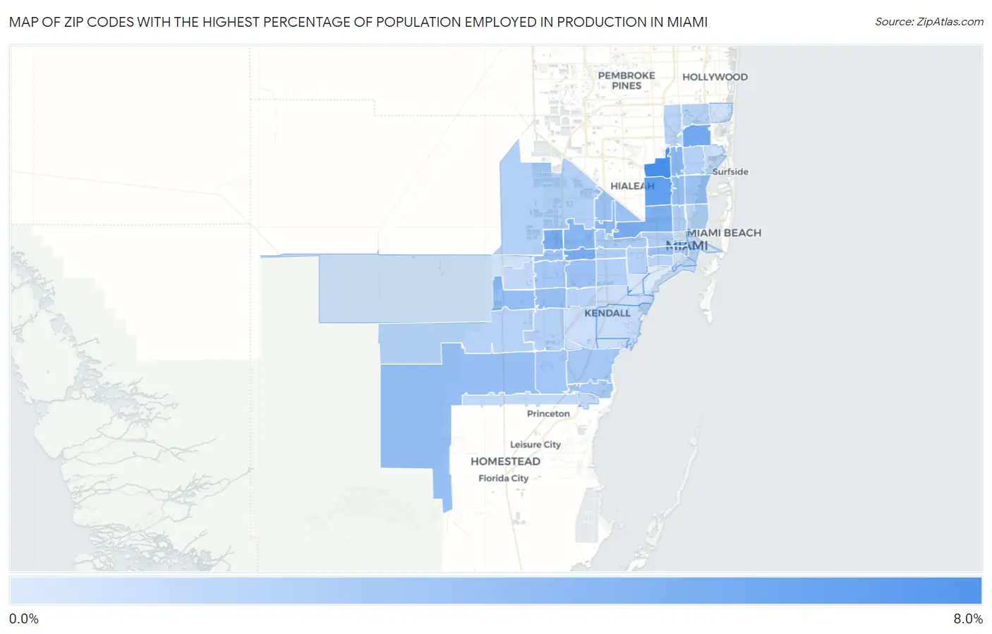 Zip Codes with the Highest Percentage of Population Employed in Production in Miami Map