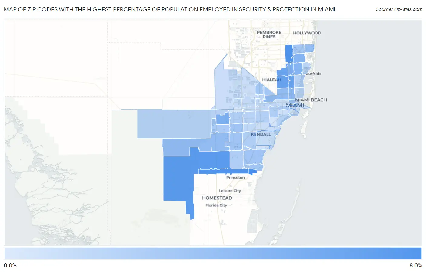 Zip Codes with the Highest Percentage of Population Employed in Security & Protection in Miami Map