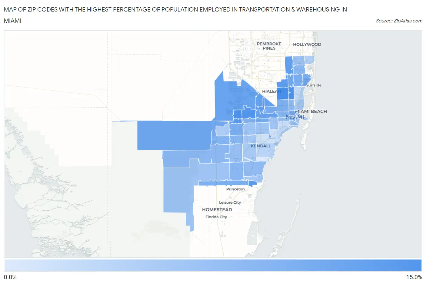 Zip Codes with the Highest Percentage of Population Employed in Transportation & Warehousing in Miami Map