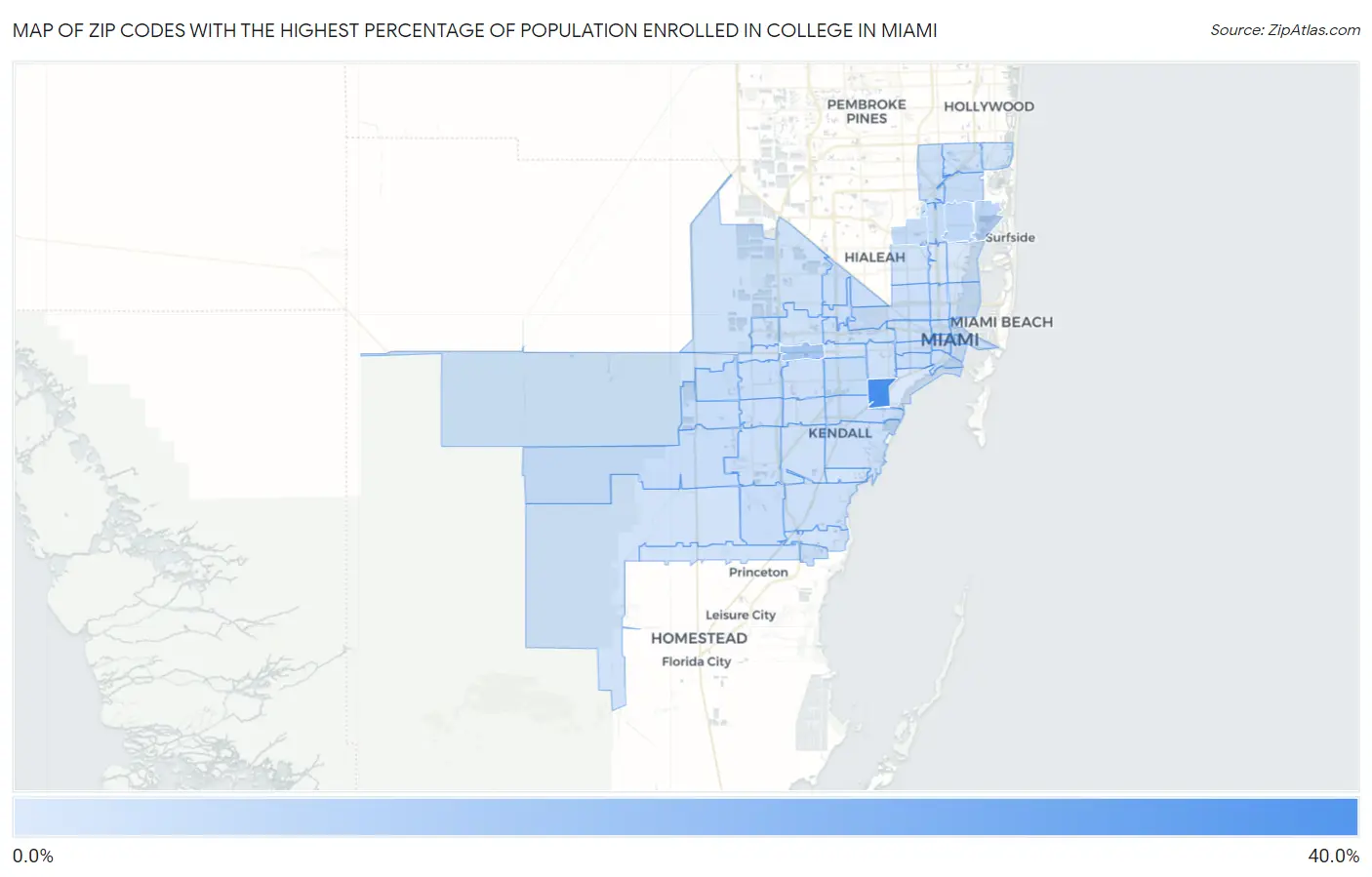 Zip Codes with the Highest Percentage of Population Enrolled in College in Miami Map