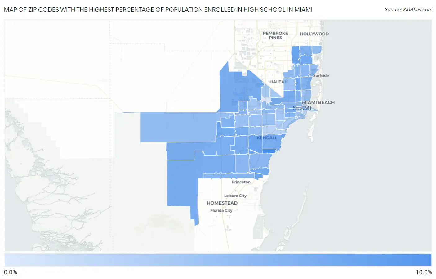 Zip Codes with the Highest Percentage of Population Enrolled in High School in Miami Map