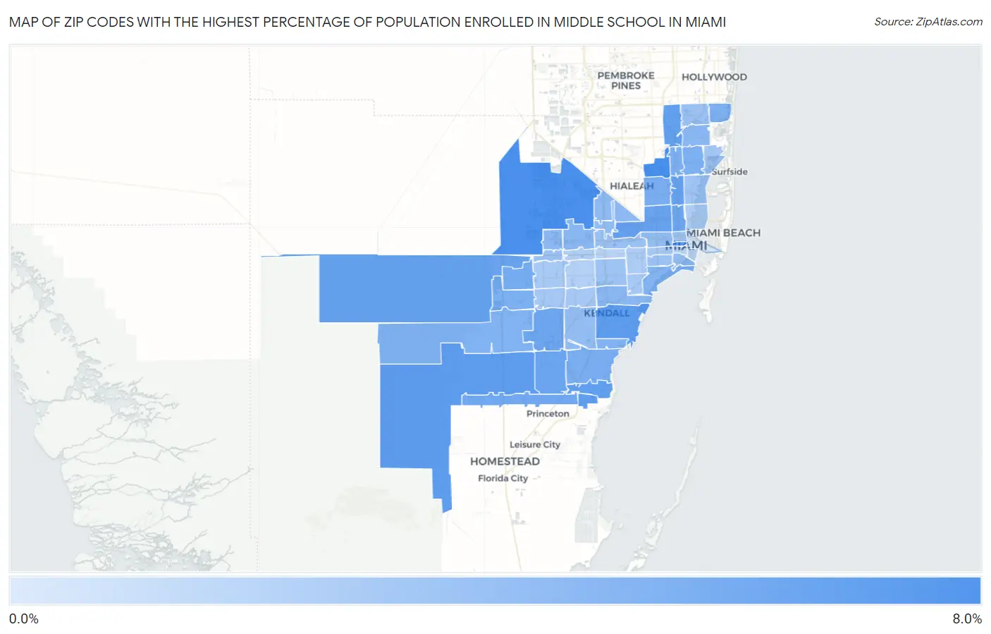 Zip Codes with the Highest Percentage of Population Enrolled in Middle School in Miami Map
