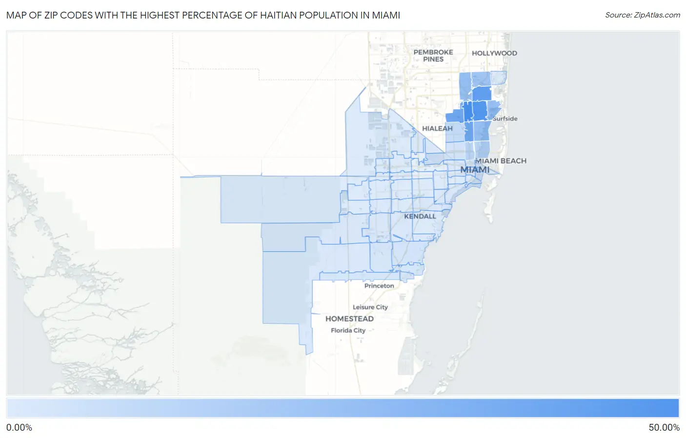 Zip Codes with the Highest Percentage of Haitian Population in Miami Map