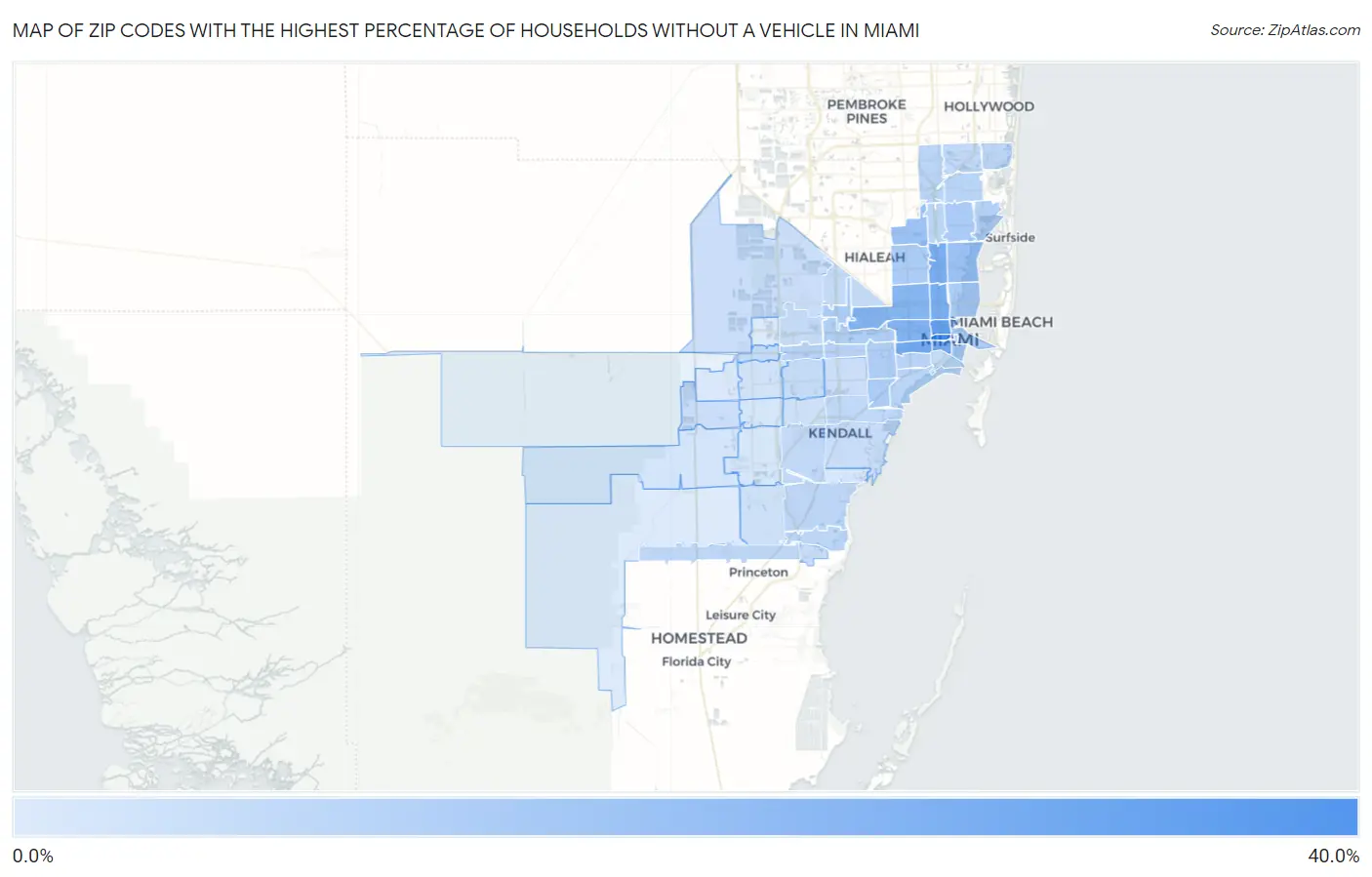 Zip Codes with the Highest Percentage of Households Without a Vehicle in Miami Map