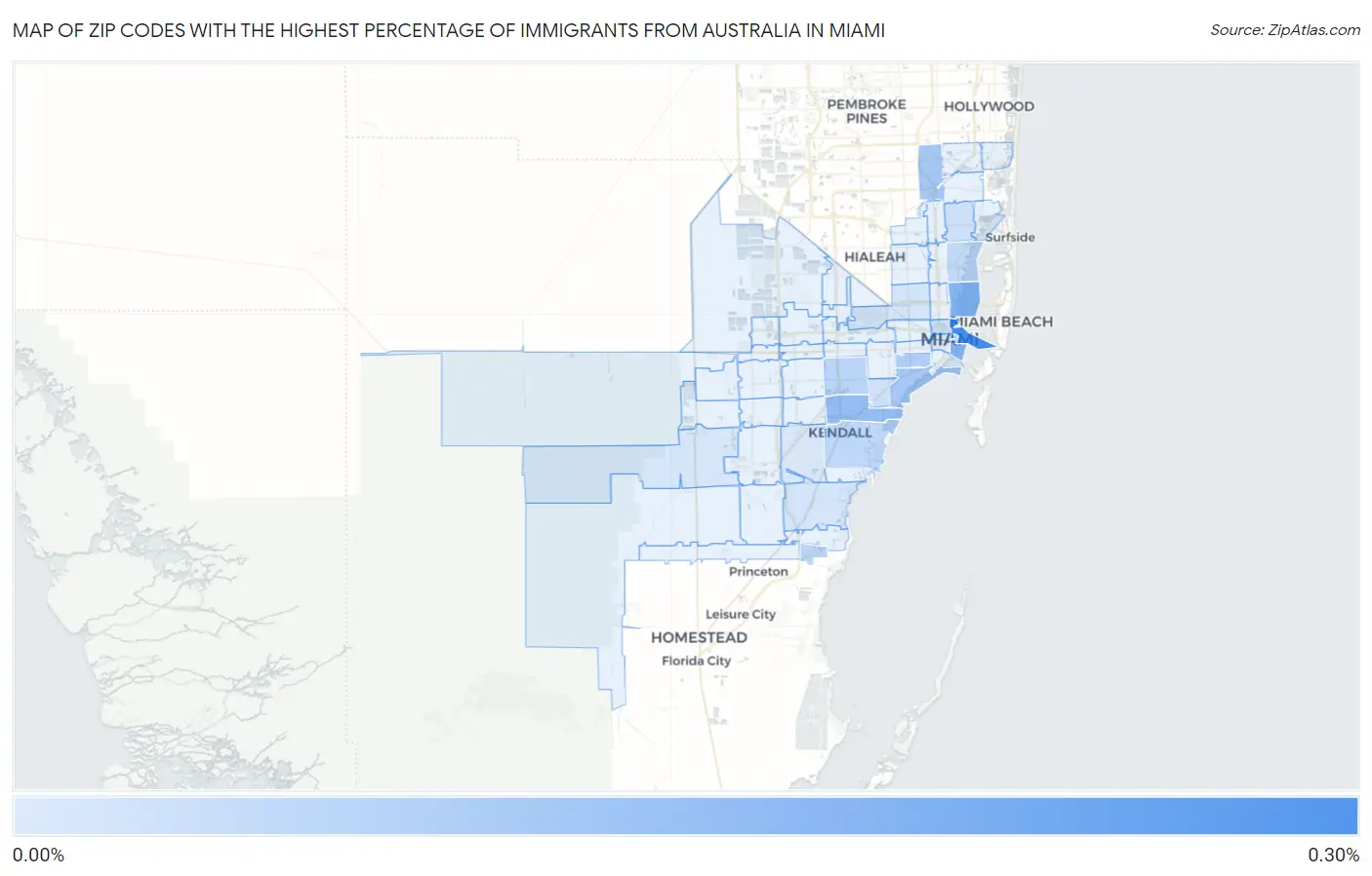 Zip Codes with the Highest Percentage of Immigrants from Australia in Miami Map