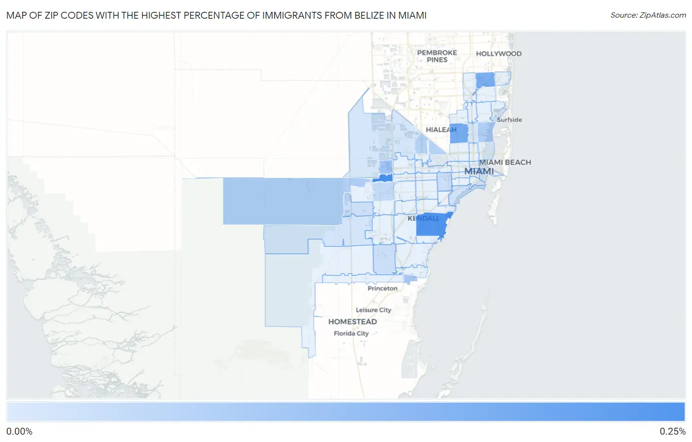Zip Codes with the Highest Percentage of Immigrants from Belize in Miami Map
