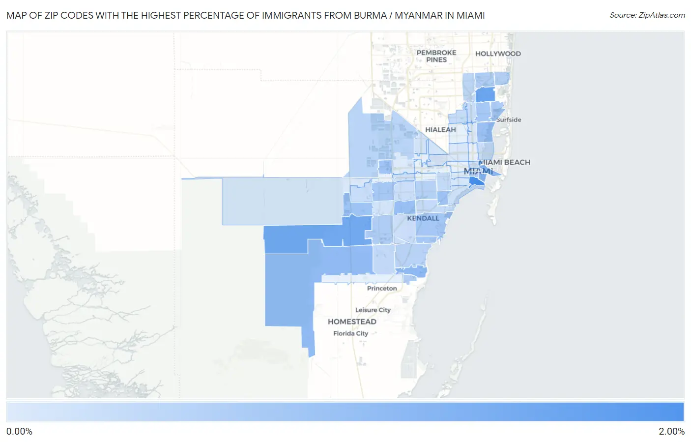 Zip Codes with the Highest Percentage of Immigrants from Burma / Myanmar in Miami Map