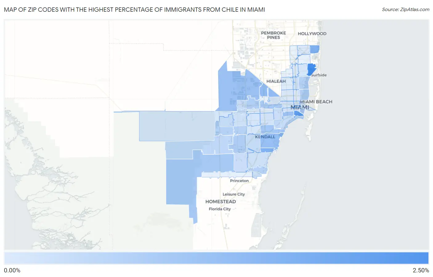 Zip Codes with the Highest Percentage of Immigrants from Chile in Miami Map
