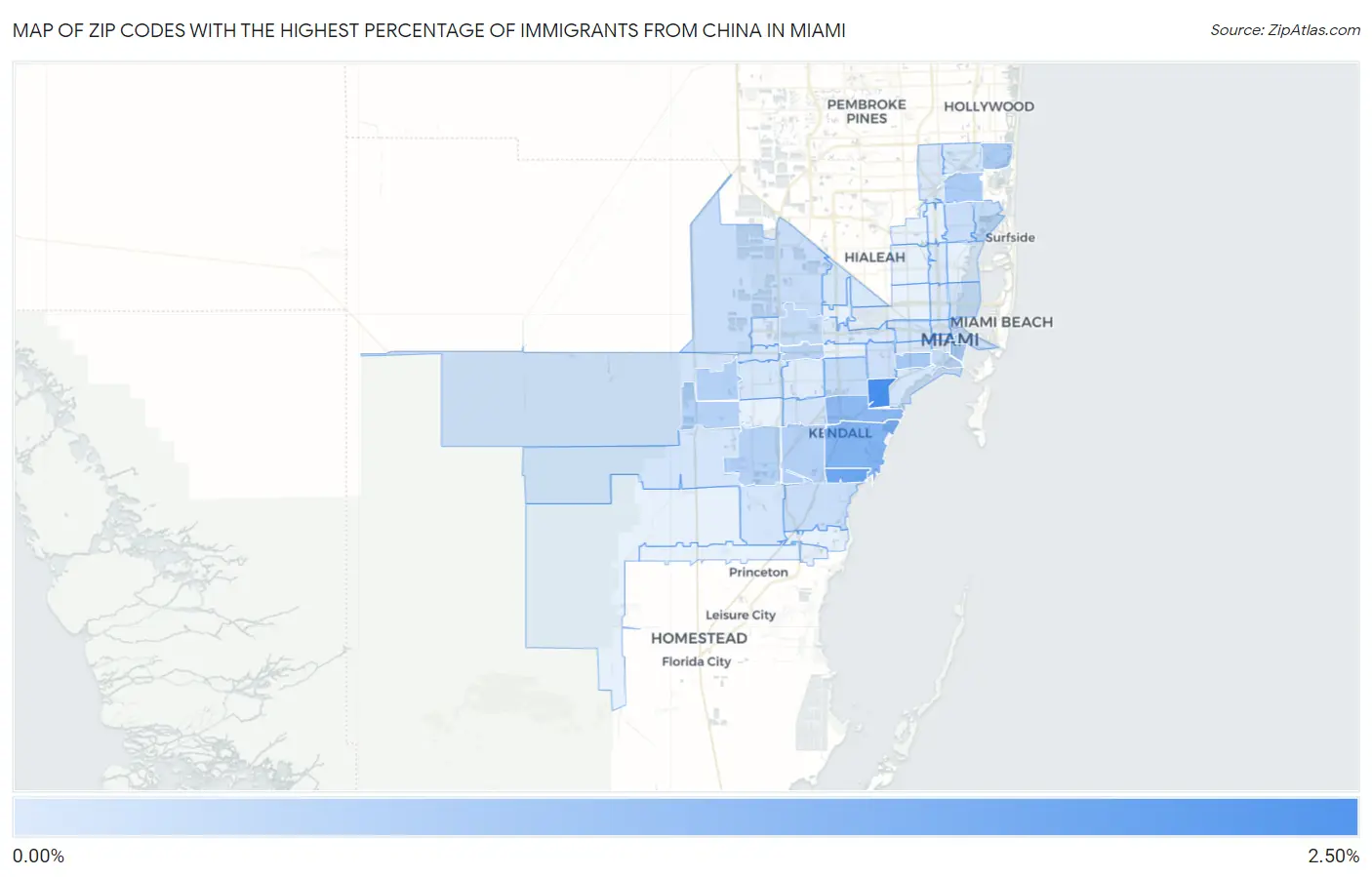 Zip Codes with the Highest Percentage of Immigrants from China in Miami Map