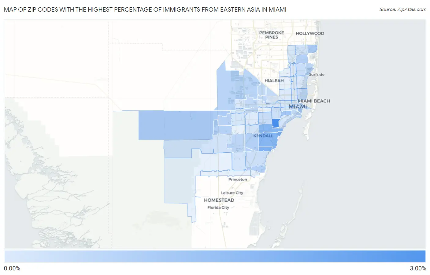 Zip Codes with the Highest Percentage of Immigrants from Eastern Asia in Miami Map