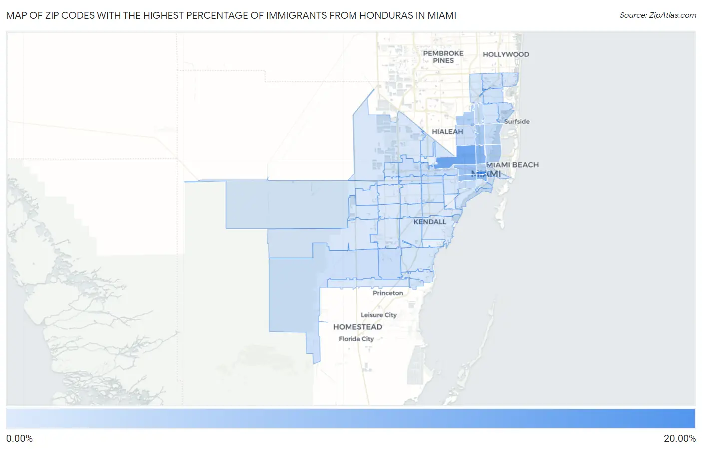 Zip Codes with the Highest Percentage of Immigrants from Honduras in Miami Map