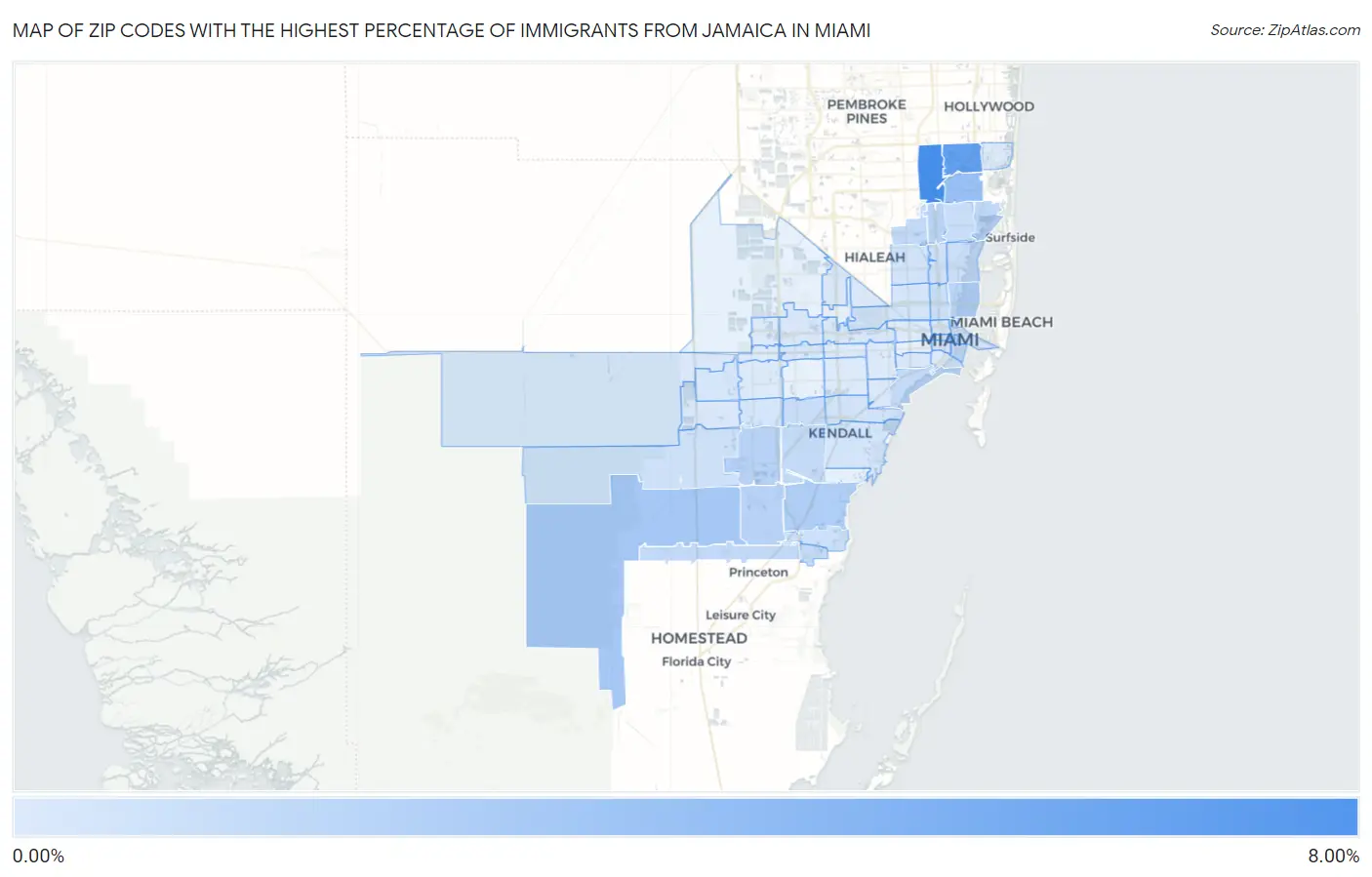 Zip Codes with the Highest Percentage of Immigrants from Jamaica in Miami Map