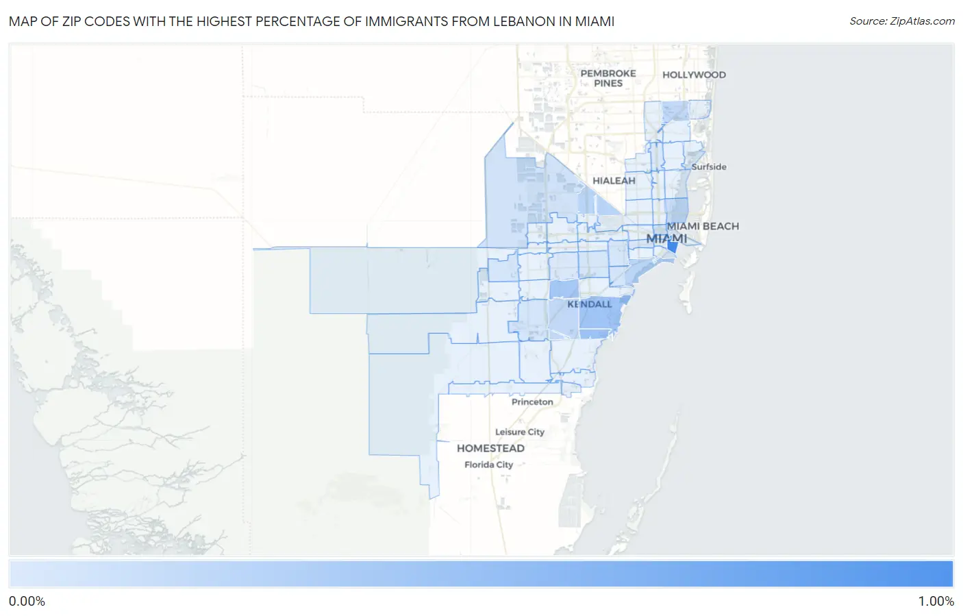 Zip Codes with the Highest Percentage of Immigrants from Lebanon in Miami Map