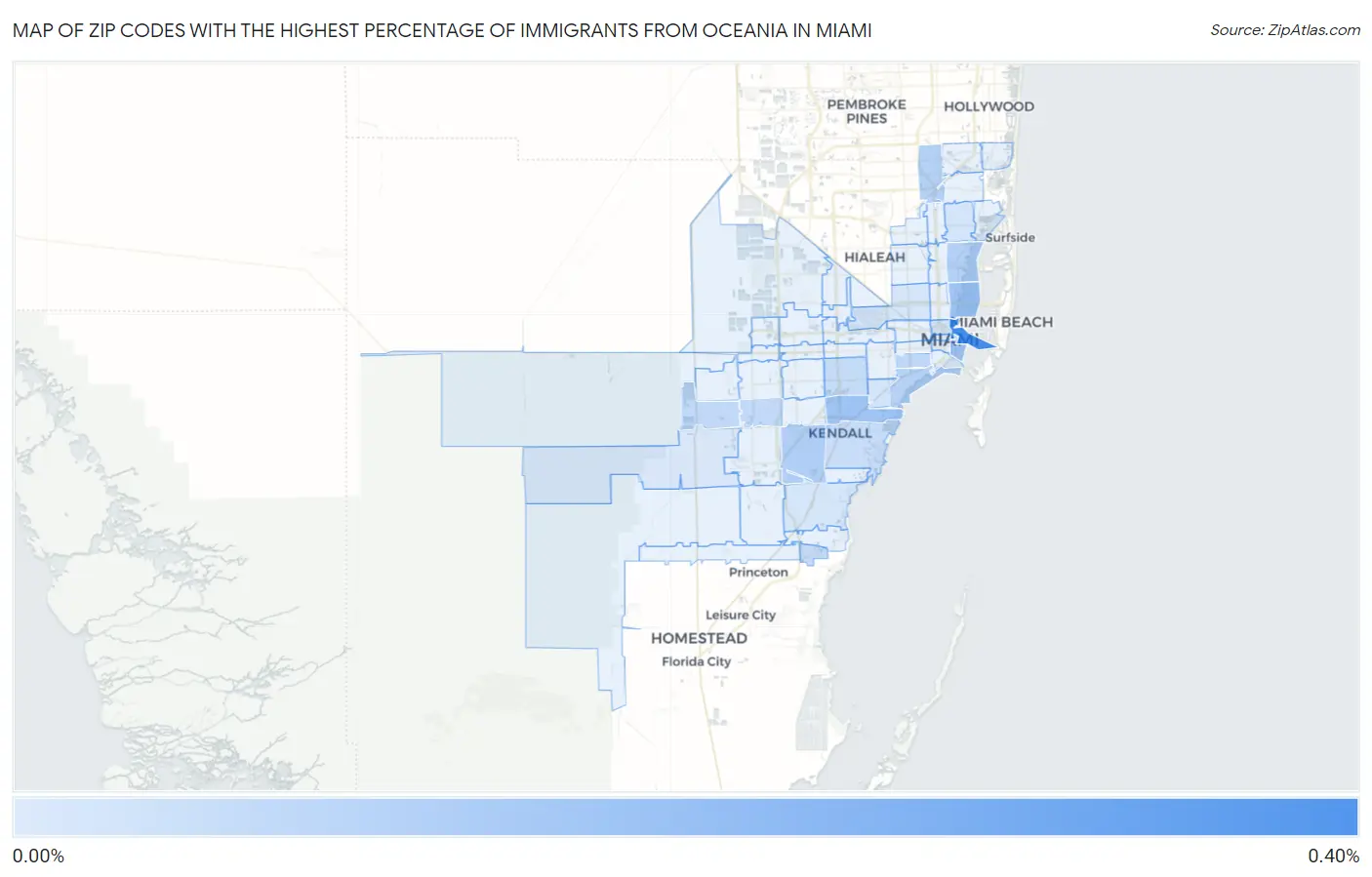 Zip Codes with the Highest Percentage of Immigrants from Oceania in Miami Map