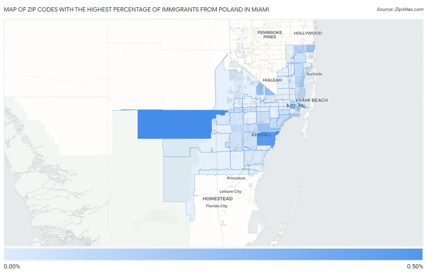 Zip Codes with the Highest Percentage of Immigrants from Poland in Miami Map