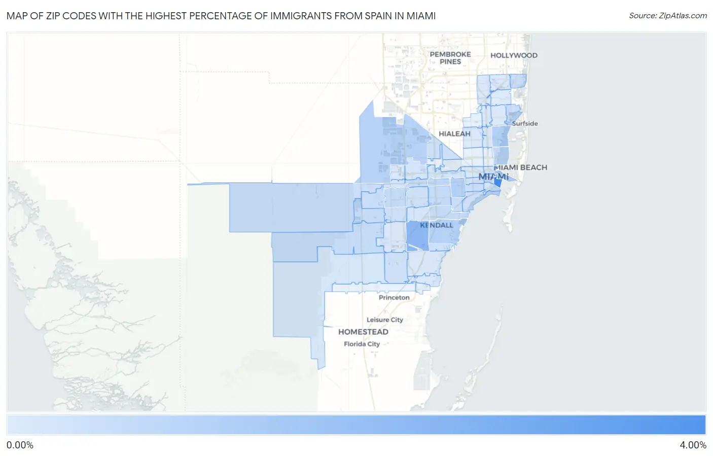 Zip Codes with the Highest Percentage of Immigrants from Spain in Miami Map