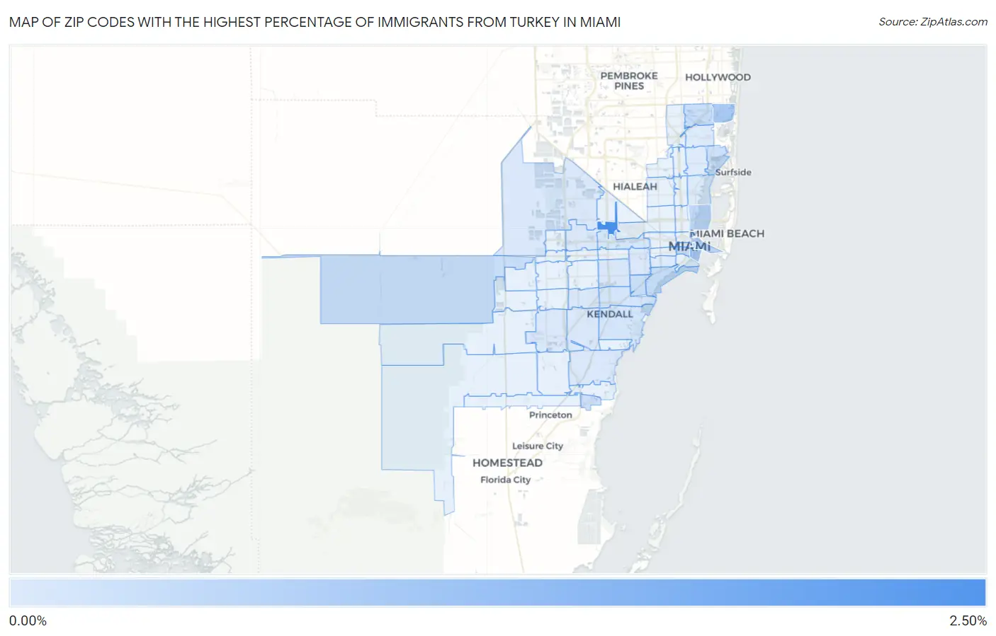Zip Codes with the Highest Percentage of Immigrants from Turkey in Miami Map