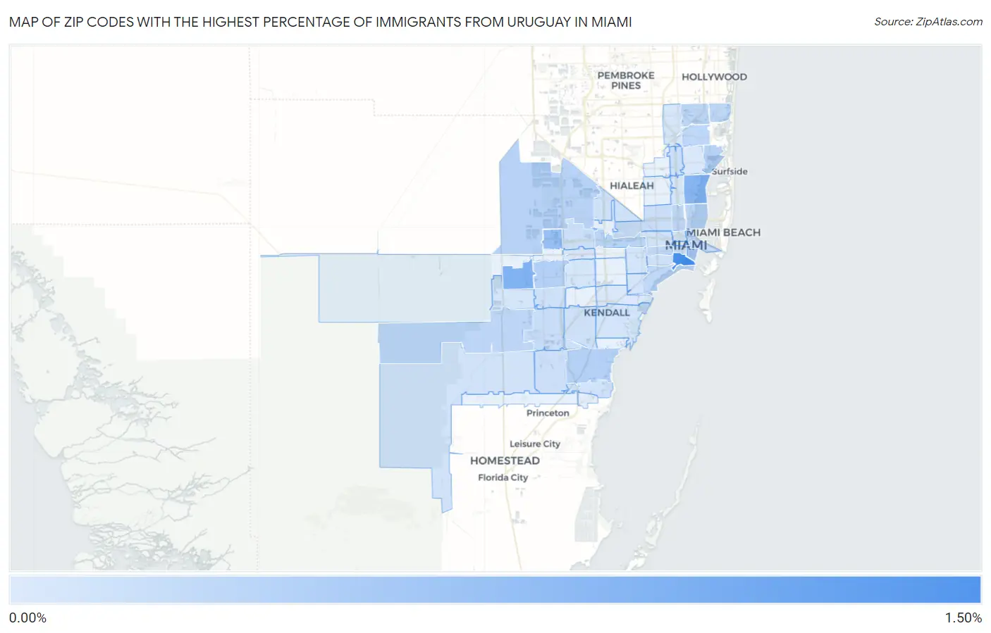 Zip Codes with the Highest Percentage of Immigrants from Uruguay in Miami Map