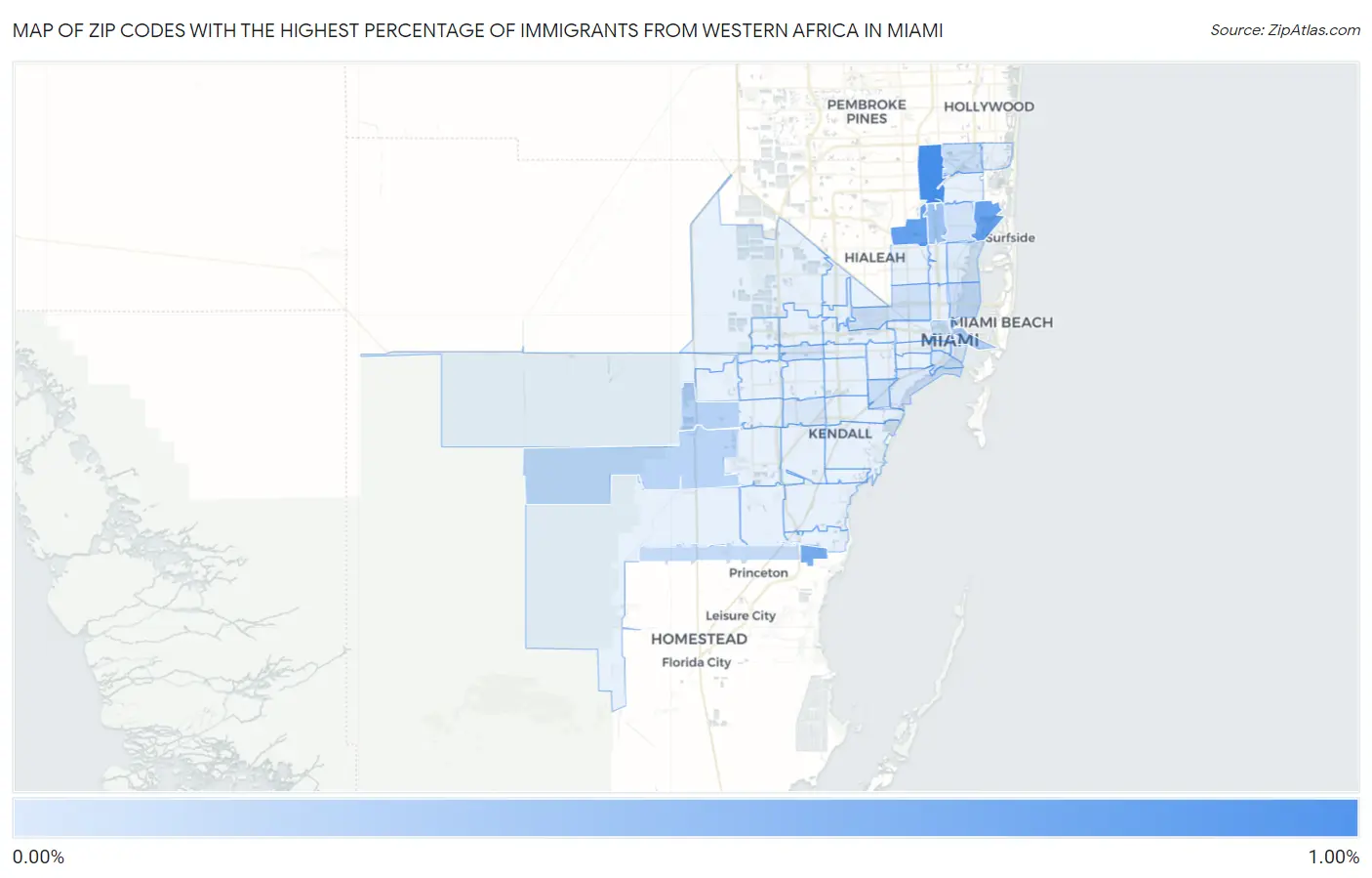 Zip Codes with the Highest Percentage of Immigrants from Western Africa in Miami Map