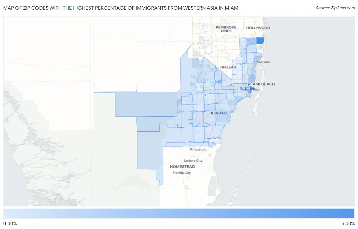 Zip Codes with the Highest Percentage of Immigrants from Western Asia in Miami Map