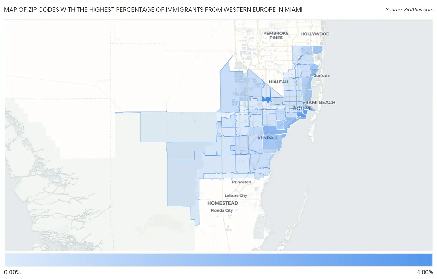 Zip Codes with the Highest Percentage of Immigrants from Western Europe in Miami Map