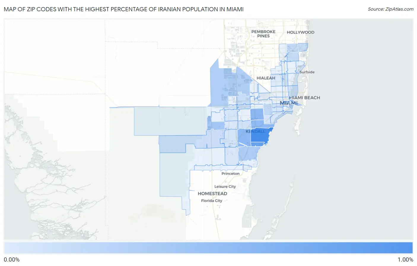 Zip Codes with the Highest Percentage of Iranian Population in Miami Map