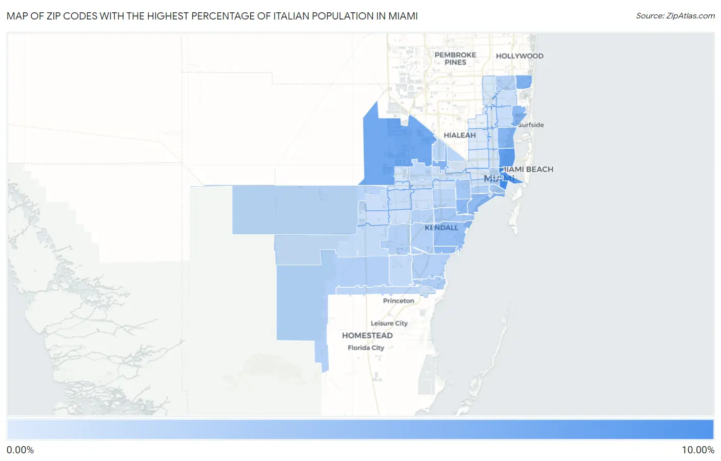Zip Codes with the Highest Percentage of Italian Population in Miami Map