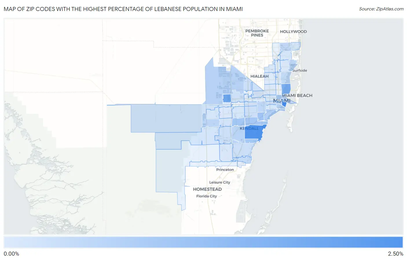 Zip Codes with the Highest Percentage of Lebanese Population in Miami Map
