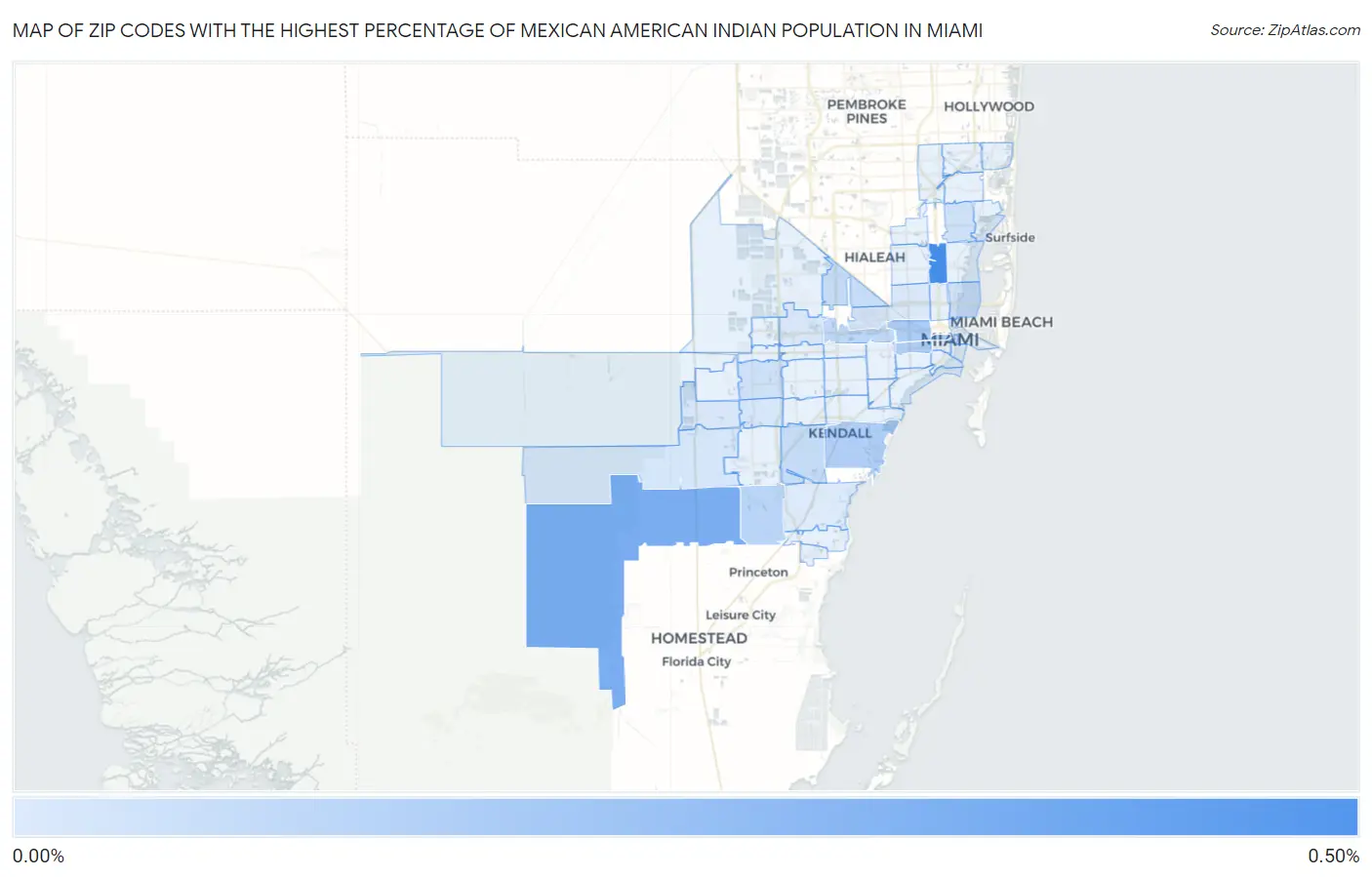 Zip Codes with the Highest Percentage of Mexican American Indian Population in Miami Map