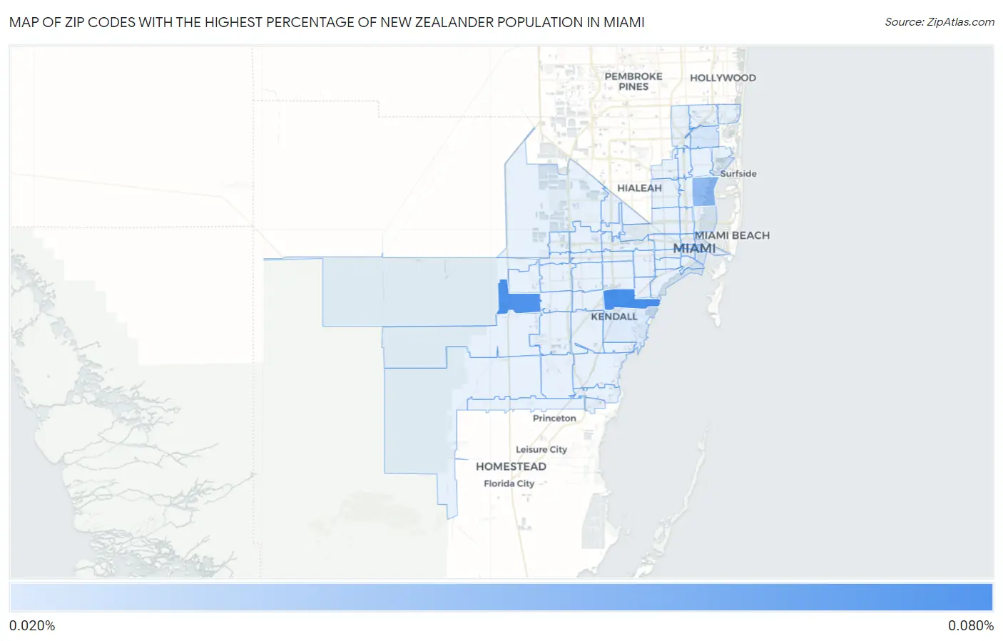 Zip Codes with the Highest Percentage of New Zealander Population in Miami Map