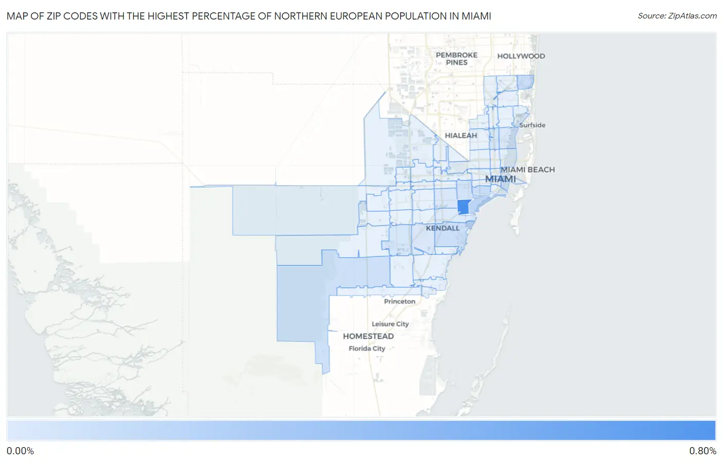 Zip Codes with the Highest Percentage of Northern European Population in Miami Map