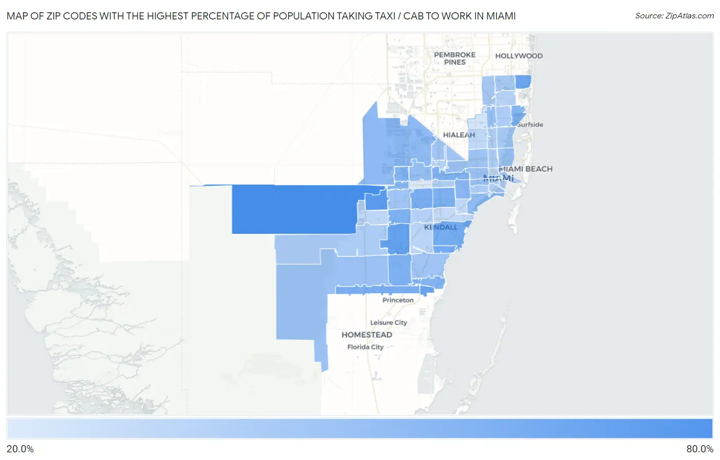 Zip Codes with the Highest Percentage of Population Taking Taxi / Cab to Work in Miami Map