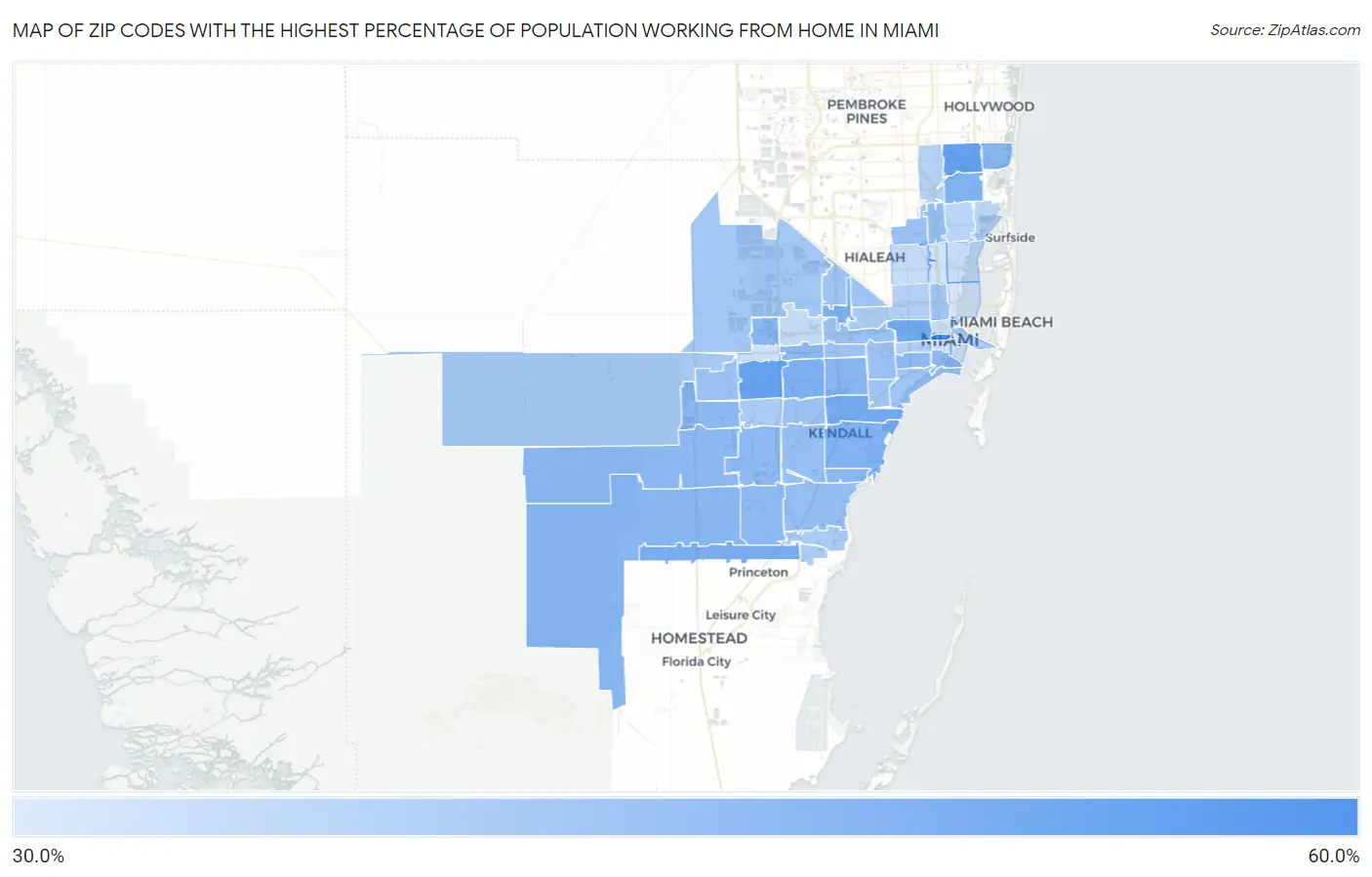 Zip Codes with the Highest Percentage of Population Working from Home in Miami Map