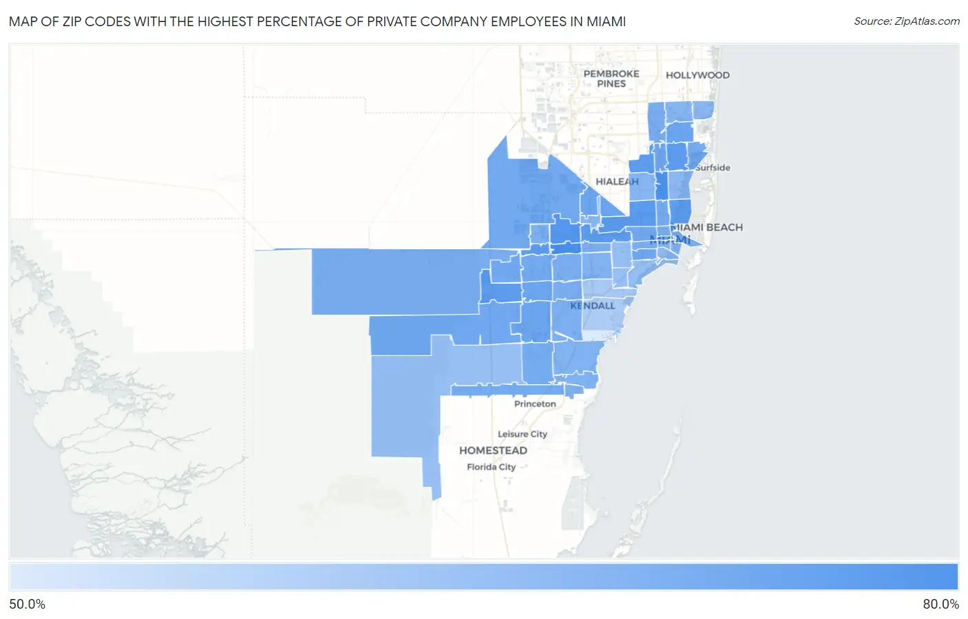 Zip Codes with the Highest Percentage of Private Company Employees in Miami Map