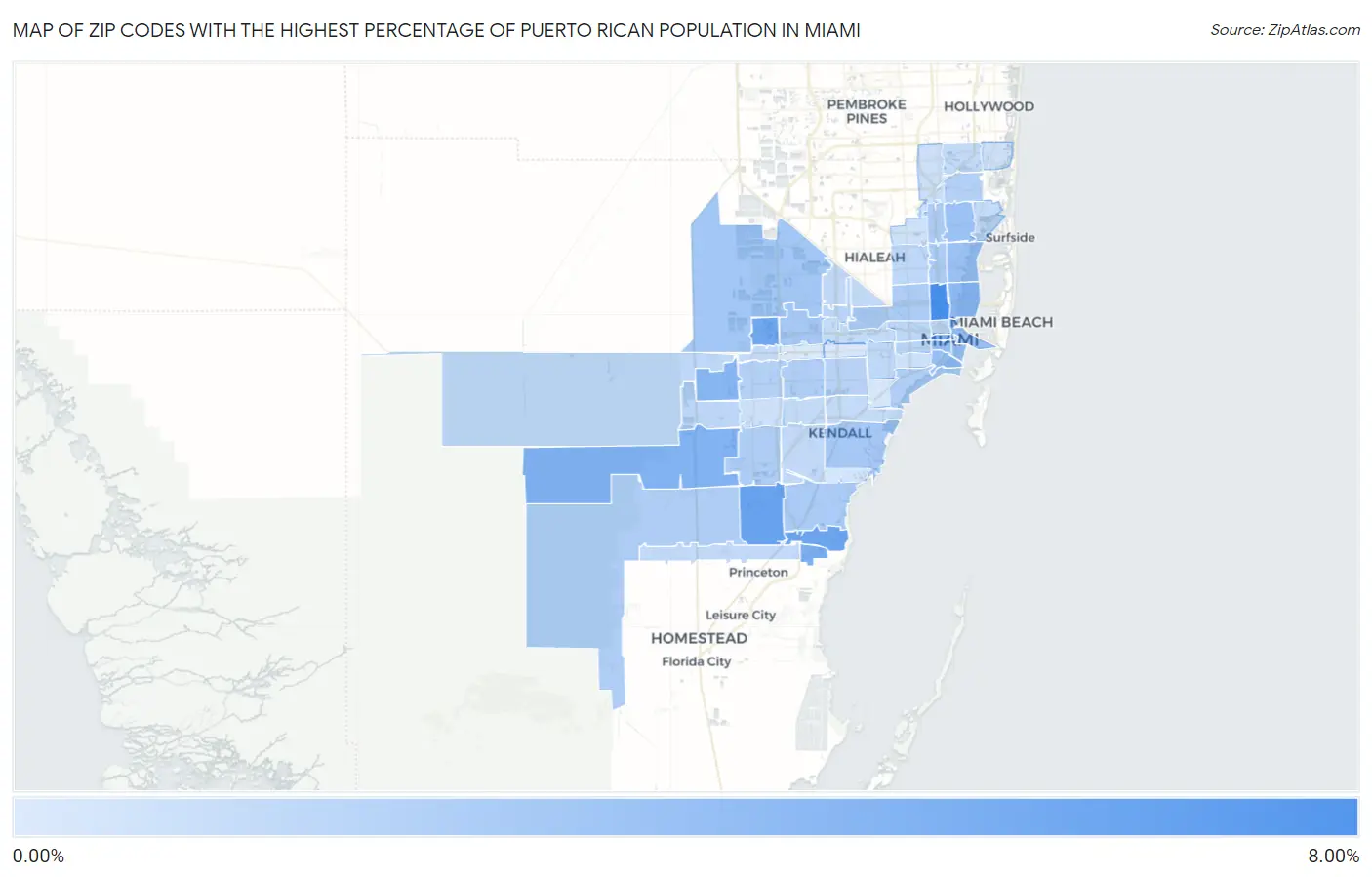 Zip Codes with the Highest Percentage of Puerto Rican Population in Miami Map