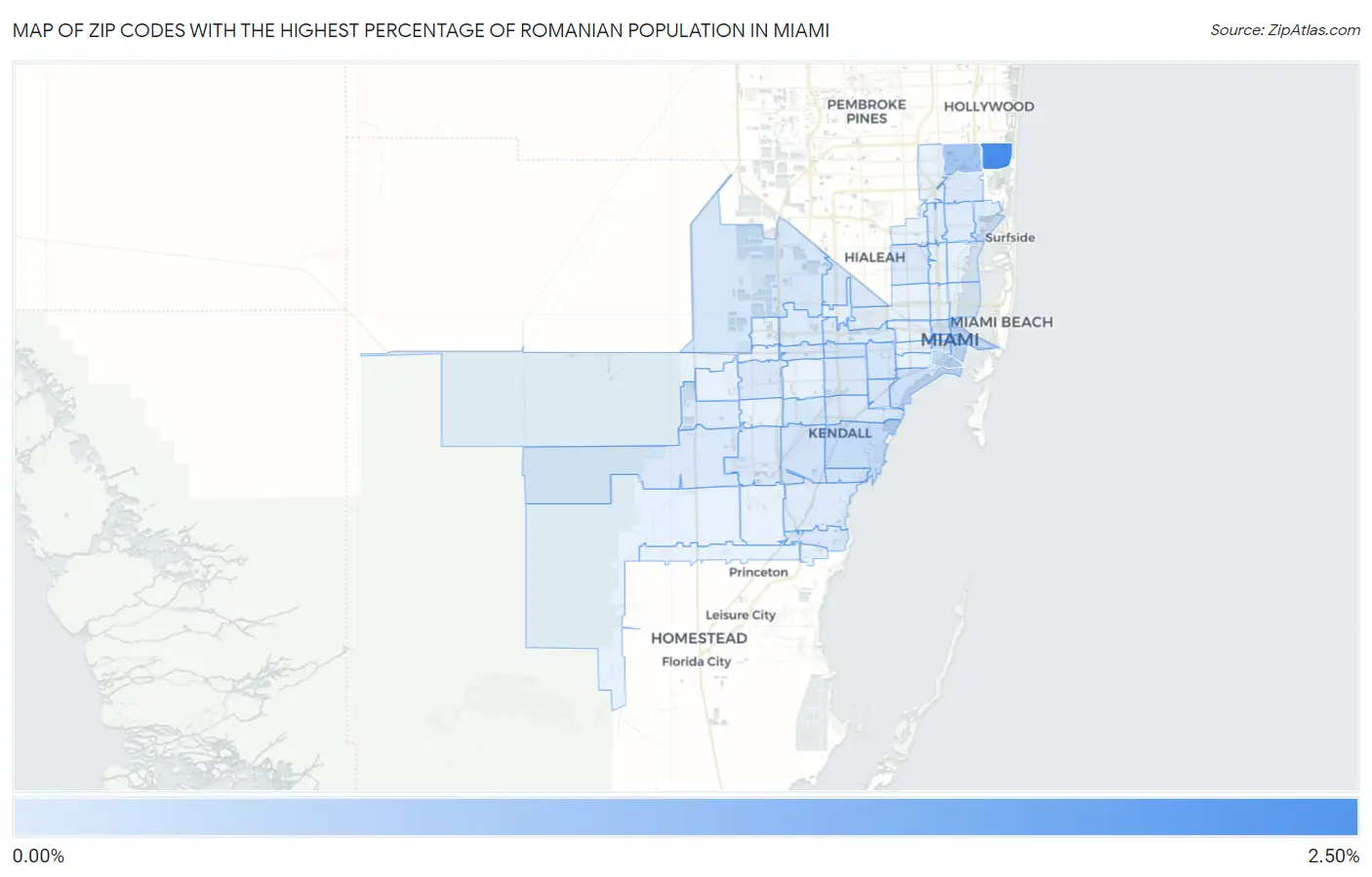 Zip Codes with the Highest Percentage of Romanian Population in Miami Map