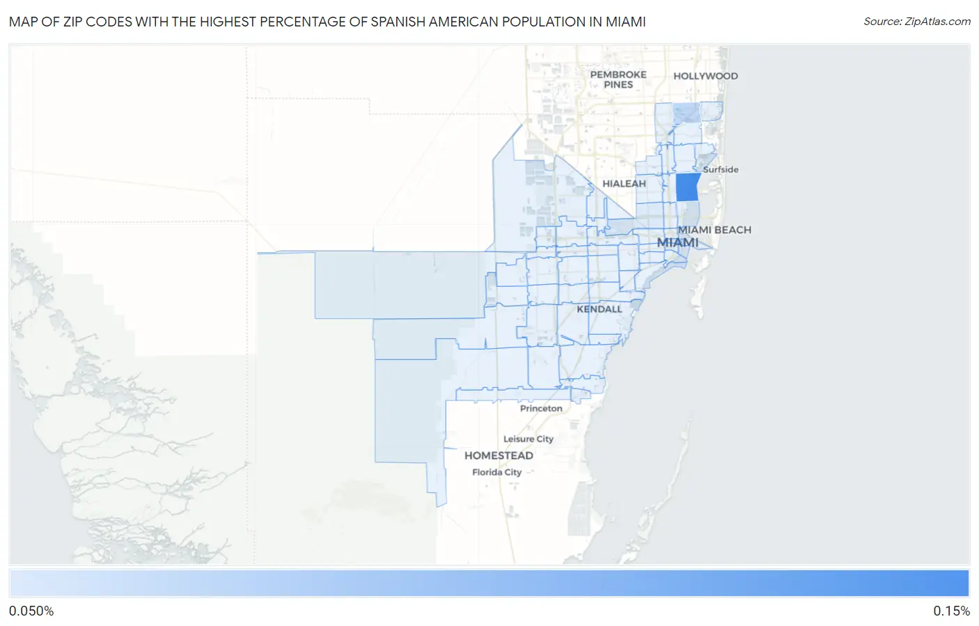 Zip Codes with the Highest Percentage of Spanish American Population in Miami Map