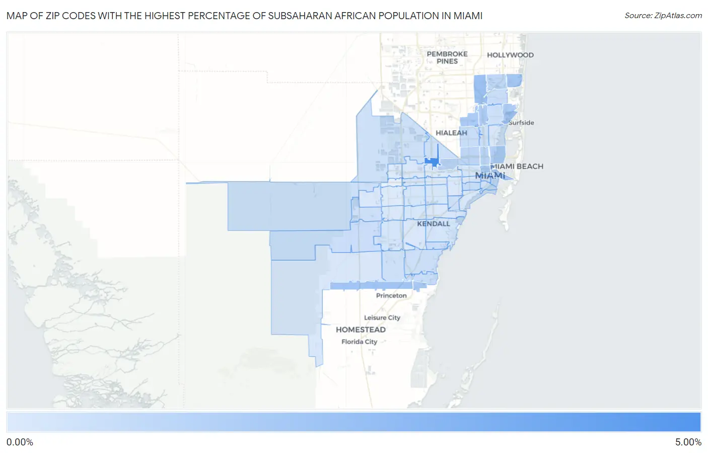 Zip Codes with the Highest Percentage of Subsaharan African Population in Miami Map