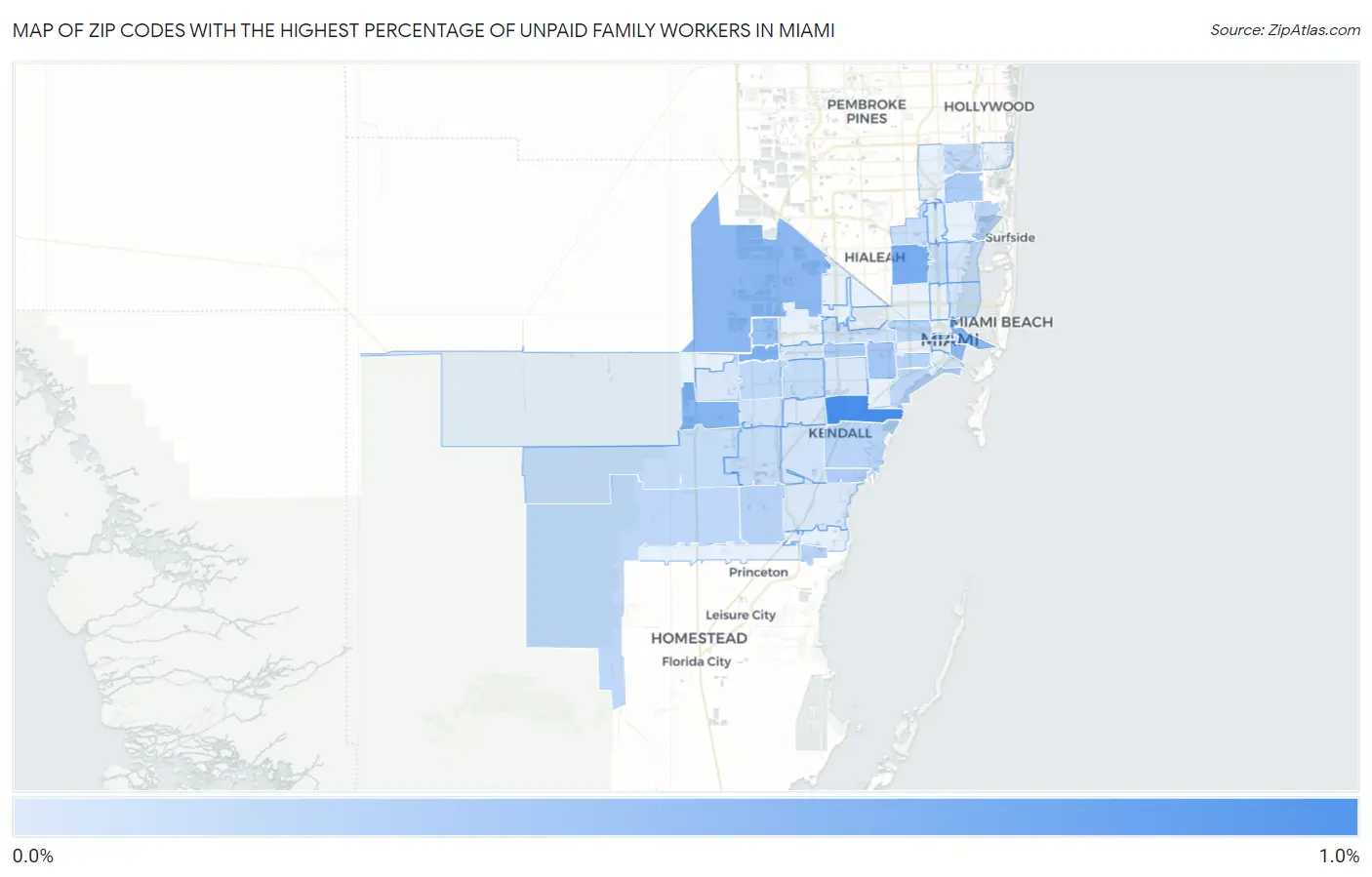 Zip Codes with the Highest Percentage of Unpaid Family Workers in Miami Map